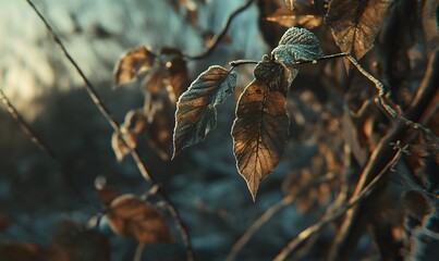 Obraz premium Frosted autumn leaves on a branch at sunset.