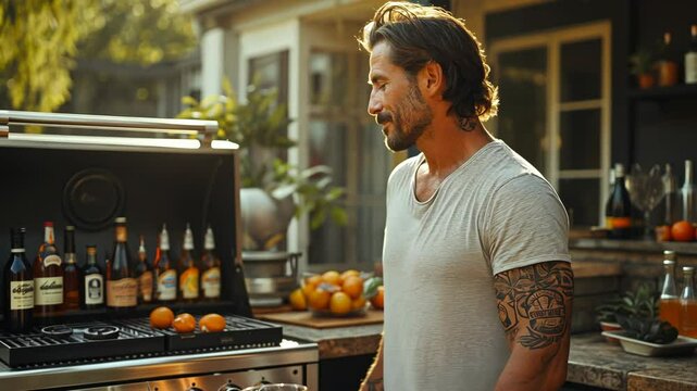 Grilling and mixing drinks in a sunny outdoor kitchen with fresh ingredients and vibrant decor