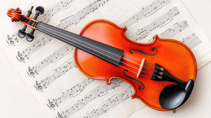 Fototapeta premium close up of violin resting on sheet of music, showcasing its elegant design and craftsmanship. warm tones of wood contrast beautifully with notes
