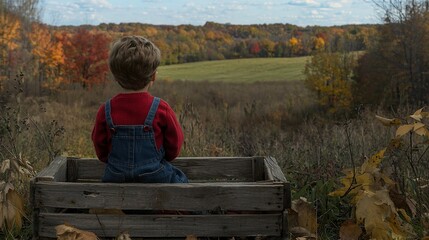 Fototapeta premium Toddler sitting on crate, admiring autumn landscape.