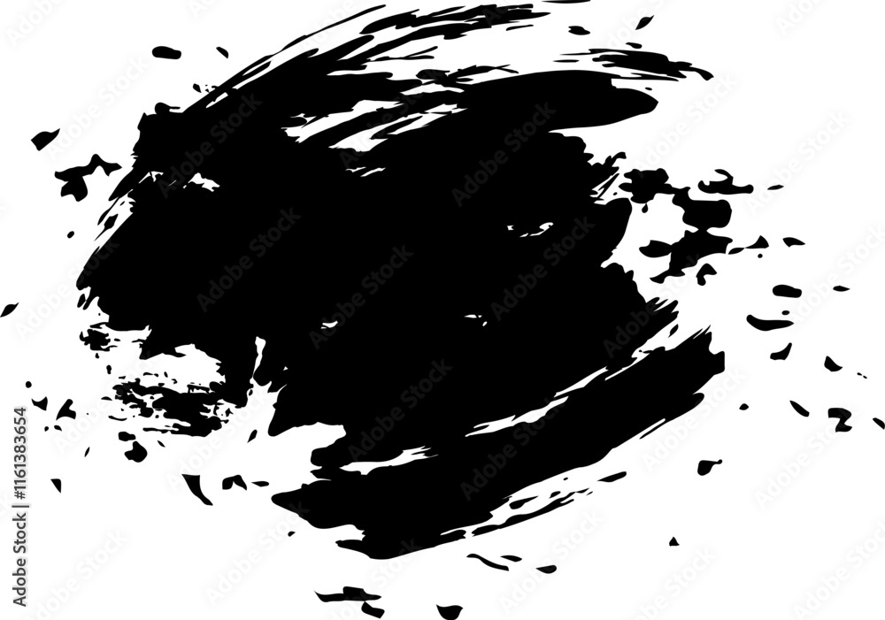 Poster large black brush stroke creating an abstract circular shape with splatters and textures, perfect fo