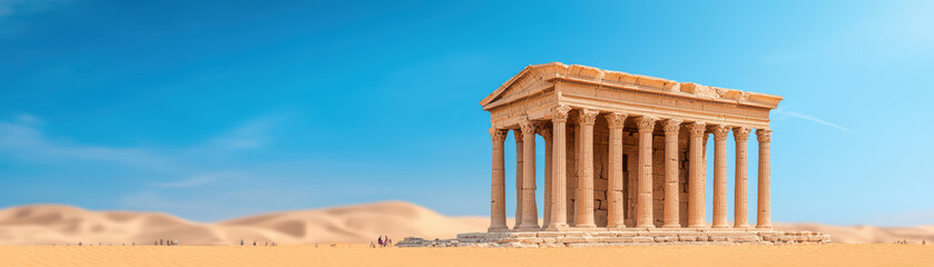 Obraz premium Ancient temple ruins stand majestically in vast desert landscape, showcasing historical architecture and cultural significance