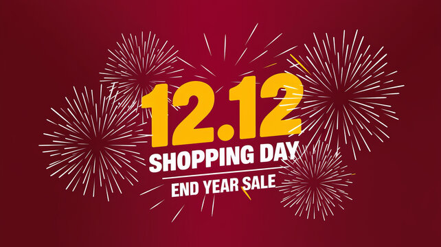 A red background with white fireworks and yellow text 1212 Shopping Day, End Year Sale..