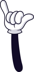 Cartoon hand gesturing with thumb and little finger extended, representing the shaka sign, often linked to surfing and Hawaiian culture, expressing coolness and aloha