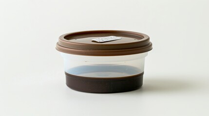 Isolated plastic dairy food container with foil lid on white background for stock photography use