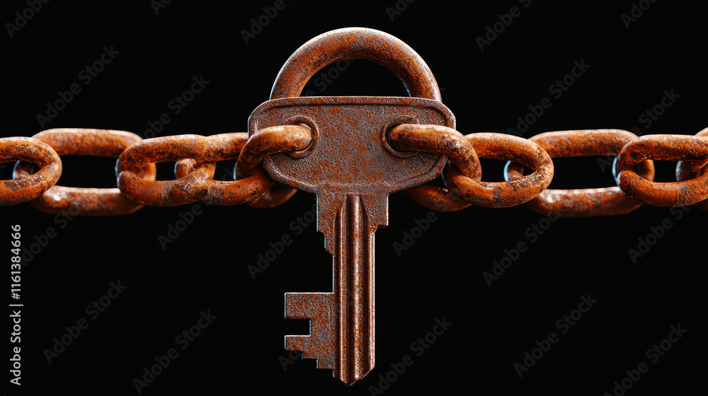 Poster close up of old rusty key hanging from chain, symbolizing security and mystery. weathered texture ad