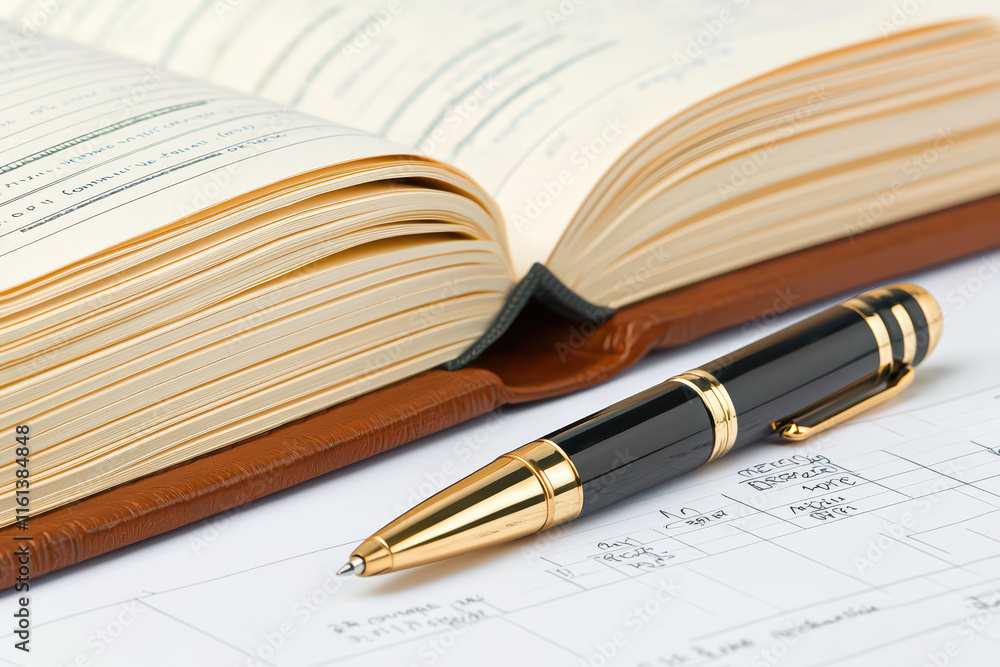 Poster close up of open ledger with handwritten notes and pen, showcasing organization and attention to det