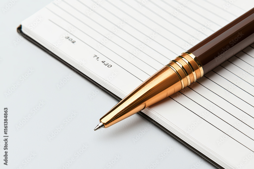 Poster close up of luxury pen resting on open notebook with lined pages, perfect for writing notes or journ
