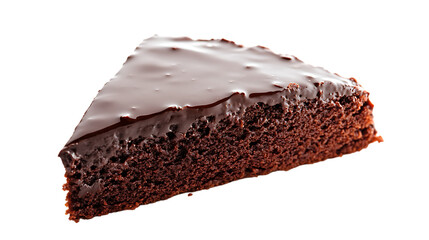 Slice of rich chocolate cake with a glossy ganache layer, placed on a clean white background, highlighting its indulgent texture