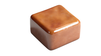 Smooth and creamy caramel square with a rich, glossy texture, placed on a clean white background, emphasizing its indulgent appeal