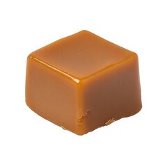 Soft creamy caramel square with a golden-brown finish placed on a plain white background, perfect for showcasing its sweet indulgence