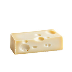 Swiss cheese block with a neatly sliced piece displayed on a spotless white background, emphasizing its delicious texture and iconic appearance