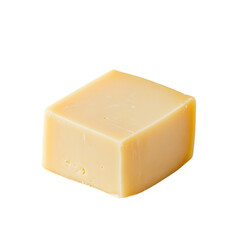 Swiss cheese block with a neatly sliced piece displayed on a spotless white background, emphasizing its delicious texture and iconic appearance