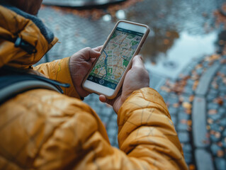 Tourist Navigating with Smartphone on Cobblestone Alley