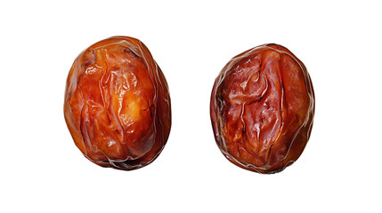Two ripe dates with a rich, golden-brown color, placed on a clean white background, highlighting...
