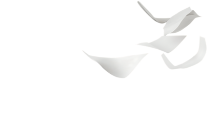 White paper flying in the air on a plain transparent background, creating a simple and clean look with a feeling of motion and freedom