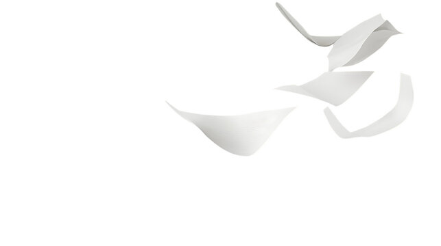 White paper flying in the air on a plain transparent background, creating a simple and clean look with a feeling of motion and freedom