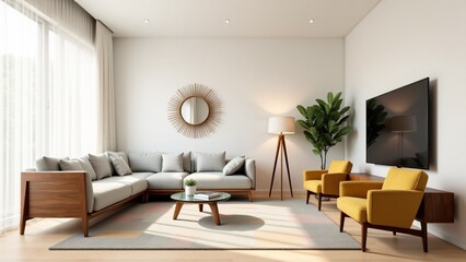 Fototapeta premium A stylish mid-century modern living room with a walnut wood sofa, geometric rug, mustard armchairs, and sunburst mirror. Ideal for lovers of timeless elegance and clean design