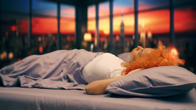 Woman attempts to sleep in a noisy city area, muffling noise with a pillow