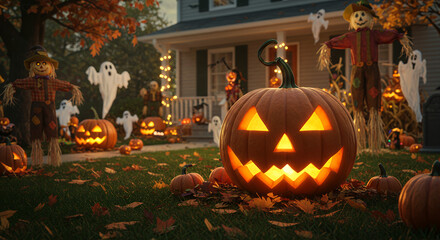 Obraz premium Enchanting Halloween Night: Jack-o'-Lanterns Glow on a Spooky Suburban Lawn