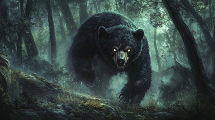 A menacing black bear emerges from a dark, mysterious forest, its eyes glowing ominously.  The eerie atmosphere is emphasized by the muted greens and deep shadows.