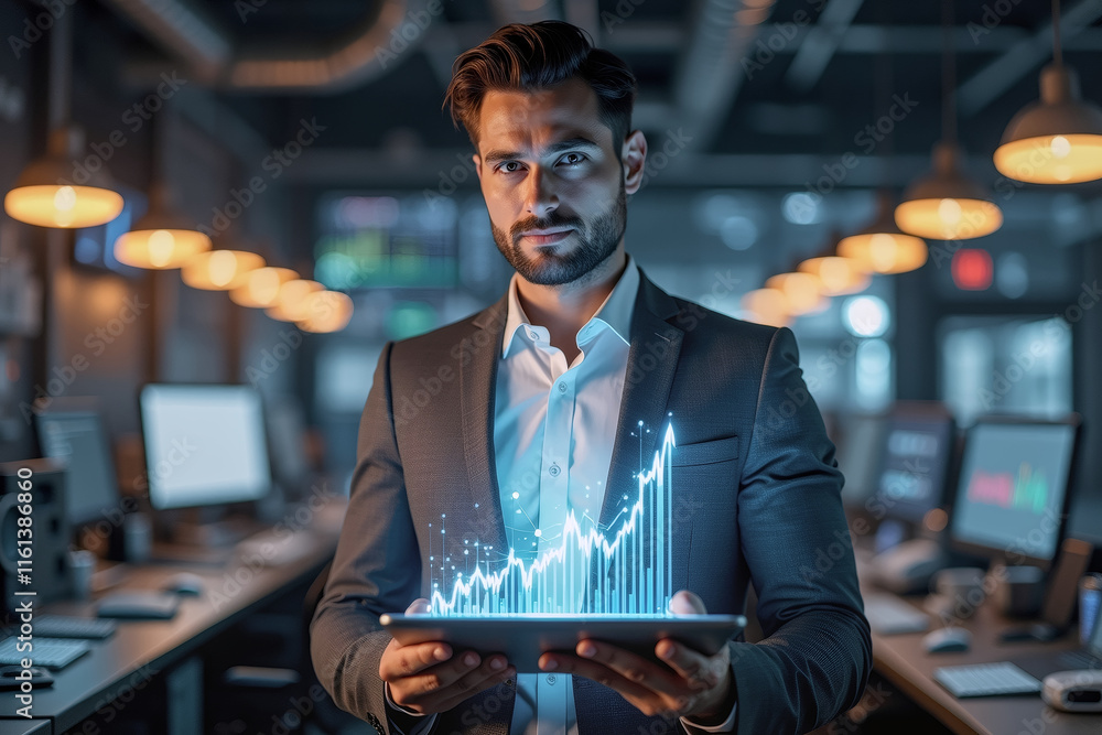 Poster digital visionary: a confident businessman stands in a modern office, his eyes fixed on a tablet dis