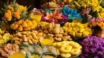 A vibrant table laden with an array of colorful Indian sweets and snacks, surrounded by bright flowers. The scene is rich with textures and festive colors, perfect for celebrating Holi or Diwali.