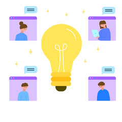 remote brainstorming and idea sharing with team video conference and lightbulb concept flat vector illustration