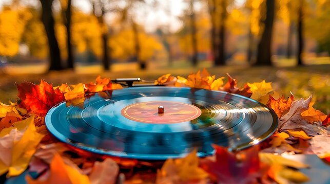 Vintage vinyl record player spinning music amidst vibrant autumn leaves during a serene afternoon outdoors