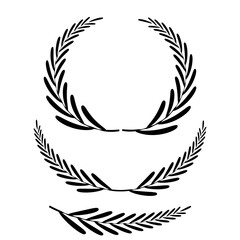 Vector black laurels set. Circular foliate laurels branches. Laurel wreath silhouette. Trophy crest. Greek olive branch award, winner round emblem