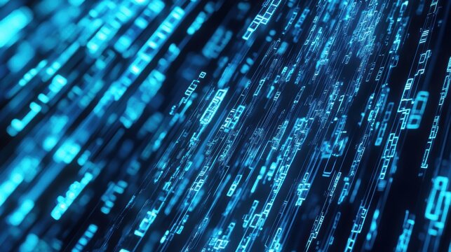 Dynamic streams of glowing blue symbols cascading vertically, forming a futuristic digital rain effect with intricate encrypted patterns, evoking the essence of data flow, cyber networks. Background