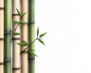 Obraz premium A bamboo fence with soft green and light brown bamboo stalks, neatly stacked horizontally with little sprouting leaves between each section.