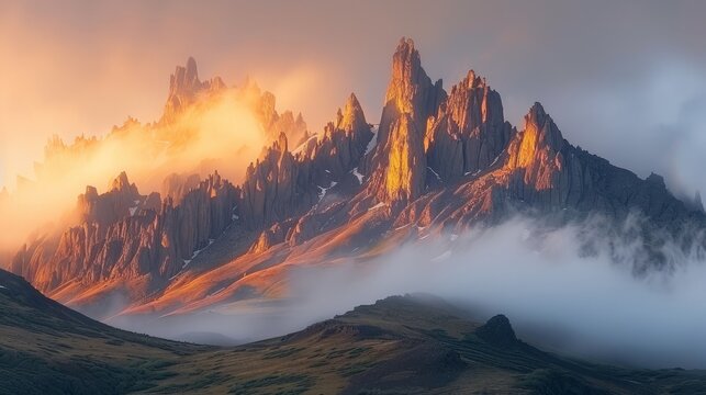 Stunning double exposure of manaraga peak at sunset over the polar ural mountains in russia