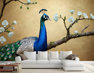peacock with feathers on the wall