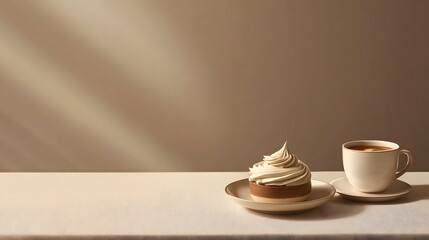 Minimalist table setup featuring dessert and coffee on a sunny afternoon