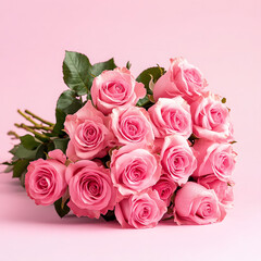 Fototapeta premium Hermoso ramo de rosas rosadas sobre fondo rosa, foto cercana