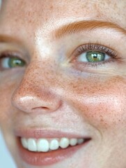 close up of a woman with freckles and green eyes, the person has red eyebrows and young skin, no makeup, the woman is smiling