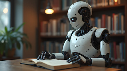 Robot reading a book in the library