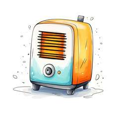 A electric space heater with vent grilles and a small power button, emitting a cozy warm glow, in doodle art style.