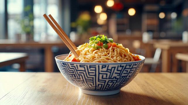 A bowl of noodles with chopsticks on a wooden table