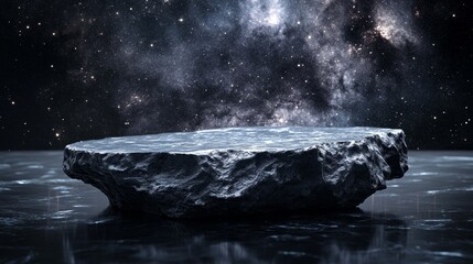 abstract display podium rock stone asteroid float outer space galaxy product stand cosmetic skin care advertising planet dark black concept universe stars cosmos. clipping path. 3D Illustration.