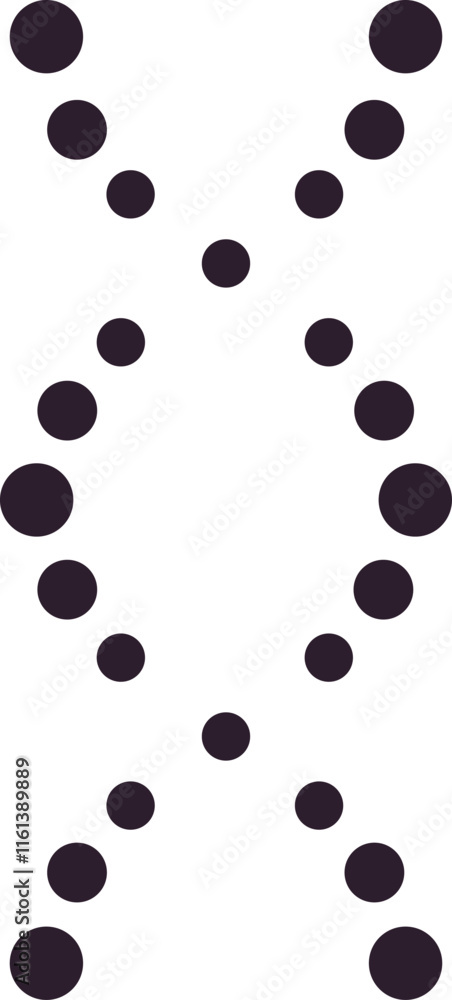 Poster black dots moving and converging, creating a double helix shape resembling a dna strand against a cl