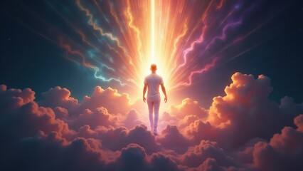 Obraz premium An inspiring depiction of astral projection, showing a soul figure ascending through a celestial tunnel of radiant energy.