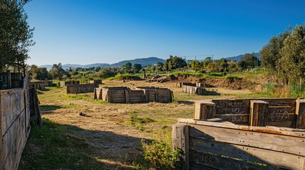 Outdoor Paintball Field with Wooden Bunkers on a Sunny Day for Recreational Fun and Adventure