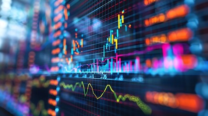 Digital screen highlighting fluctuating stock prices with bold, colorful lines and bars, representing market volatility in real-time.
