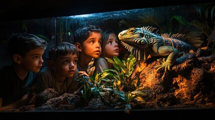 Children observing an iguana in a terrarium, showcasing curiosity and nature exploration.