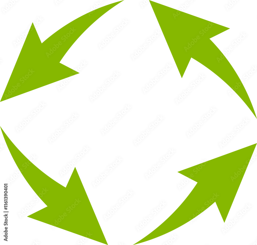 Poster four green arrows rotating clockwise forming a circle on a white background represent a continuous p