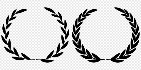 Vector black laurels set. Circular foliate laurels branches. Laurel wreath silhouette. Trophy crest. Greek olive branch award, winner round emblem