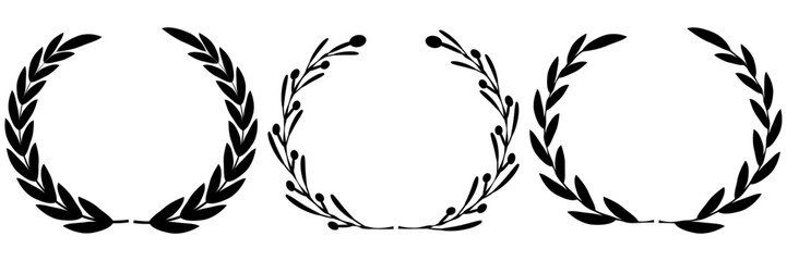Vector black laurels set. Circular foliate laurels branches. Laurel wreath silhouette. Trophy crest. Greek olive branch award, winner round emblem