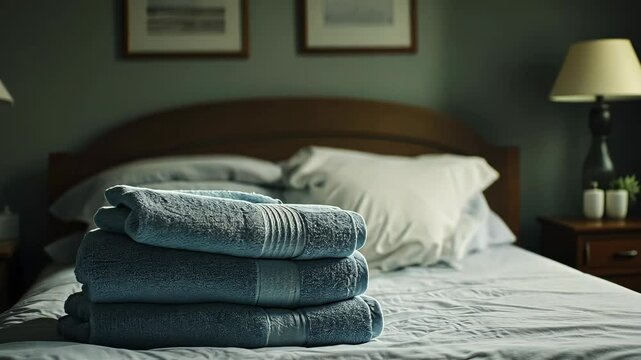 Cozy bedroom with neatly stacked towels on a neatly made bed and soft lighting